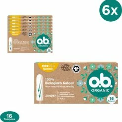 Kopen โ O.b.® O.b. Organic Normal, Biotampons Voor Gemiddelde Tot Zwaardere Menstruatiedagen Uit 100% Biokatoen Met Gebogen Groeven Voor Een Betrouwbare En Natuurlijke Bescherming , 6 X 16 Stuks โจ